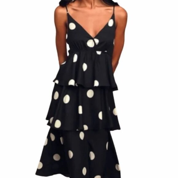 O.P.T. Cava Black and White Polka Dot Tiered Midi Dress - Picture 5 of 7